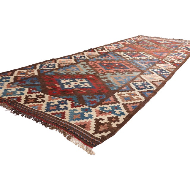61480 Antique Persian Shiraz Kilim Rug, 04'06 x 14'09. The Nomadic Sovereign: A Late 19th Century Persian Masterpiece of...
