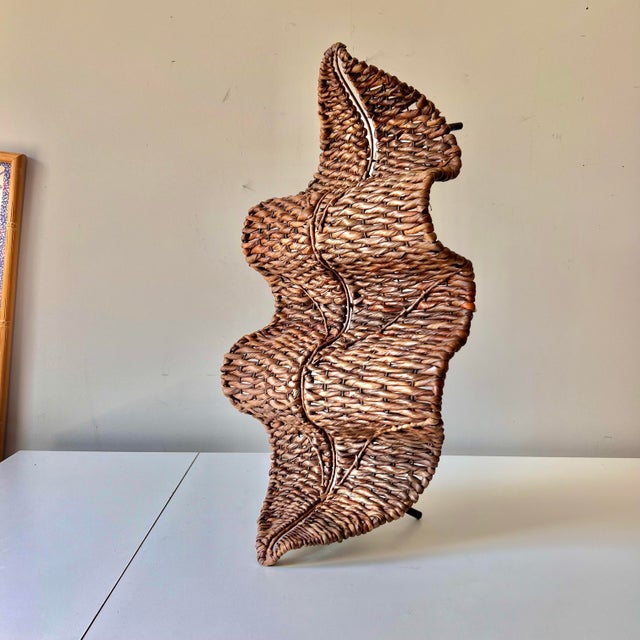 Mid-Century Modern Vintage Organic Modern Rattan and Iron Leaf Shaped Wine Bottle Rack For Sale - Image 3 of 12