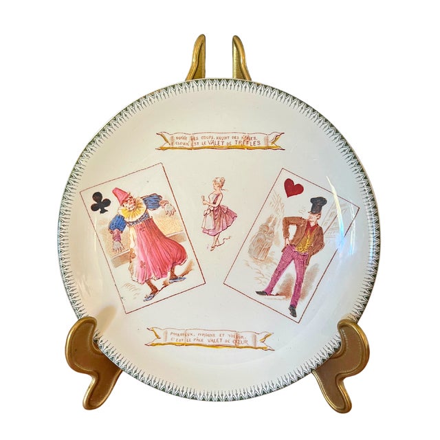 French Provincial 19th Century Set of 6 French Majolica Choisy-Le-Roi Plates, Humour Playing Cards For Sale - Image 3 of 8