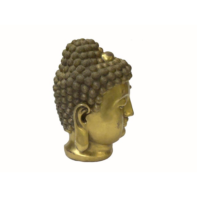 Vintage Chinese Golden Copper Color Metal Buddha Head Figure For Sale - Image 4 of 10