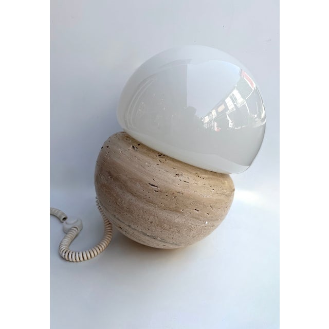 Pair of Travertine and Opaline Glass Culbuto Lamps Italy, 1980s For Sale - Image 12 of 14