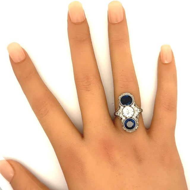 1920s Art Deco Blue Sapphire Diamond Platinum Navette Ring, Size 5.5 For Sale In Los Angeles - Image 6 of 6
