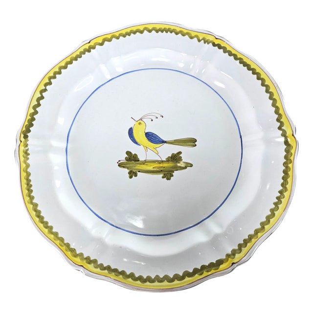 Vintage Cantagalli Italian Round Platter – 13” Hand-Painted Yellow Bird & Band For Sale