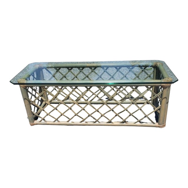 Vintage Jumbo Rattan Glass Top Coffee Table in Turquoise-Champaign Color For Sale
