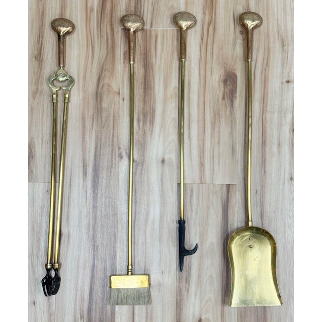 Brass Vintage Brass Clamshell Motif Fireplace Tools and Stand For Sale - Image 8 of 10