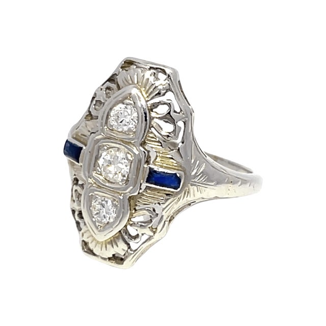 Mid 20th Century Art Deco 18k White Gold Filigree Ring With Old Cut Diamonds & Blue Sapphires, Size 5.25 For Sale - Image 4 of 9
