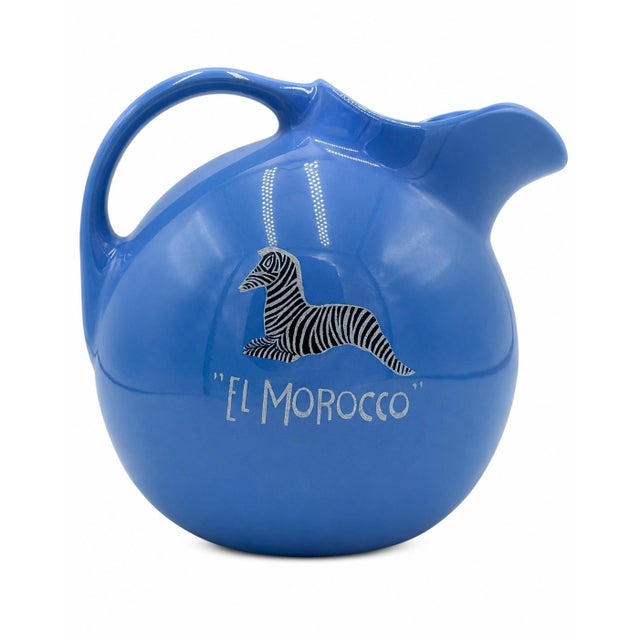 Mid-Century Modern Vintage El Morocco Nyc Nightclub Blue Ceramic Water Pitcher Zebra Logo Barware For Sale - Image 3 of 11