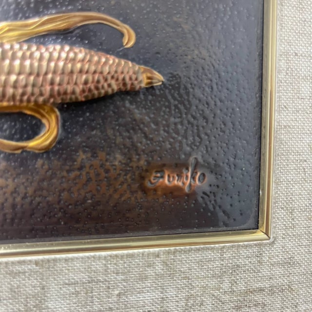 Japanese Gold-Tone Corn Relief Wall Art in Wood Frame For Sale - Image 4 of 6