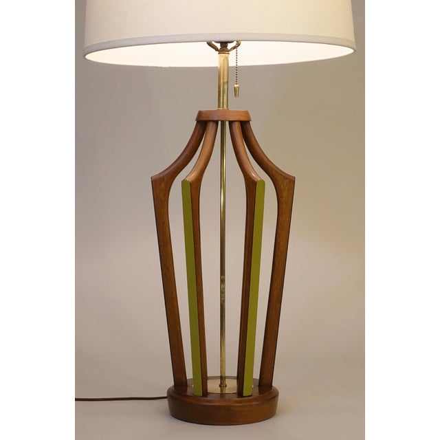 Modern 1950s Modeline Modern Rare XL Atomic Cage Walnut Brass Table Lamp For Sale - Image 3 of 11