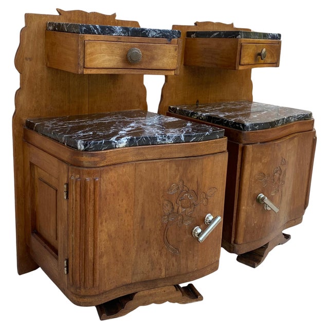 Art Nouveau Style Carved Nightstands or Bedside Tables with Marble Top, 1930, A Pair For Sale - Image 15 of 18