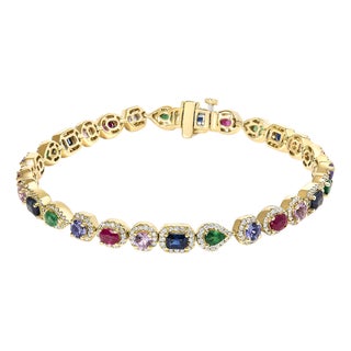 14K Yellow Gold Multi-Gemstone and Diamond Halo Rainbow Tennis Bracelet For Sale