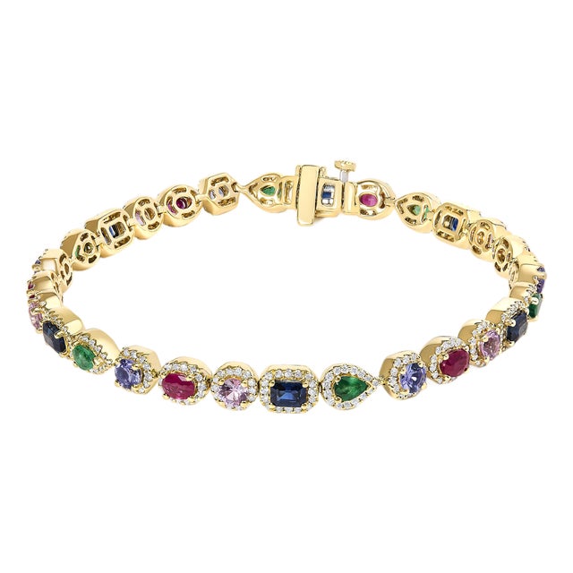 14K Yellow Gold Multi-Gemstone and Diamond Halo Rainbow Tennis Bracelet For Sale