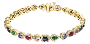 14K Yellow Gold Multi-Gemstone and Diamond Halo Rainbow Tennis Bracelet