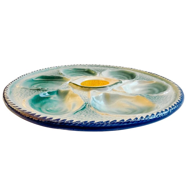 1960s 1960s French Saint Clément Majolica Green & Yellow Lemon Wedge Oyster Plate For Sale - Image 5 of 7