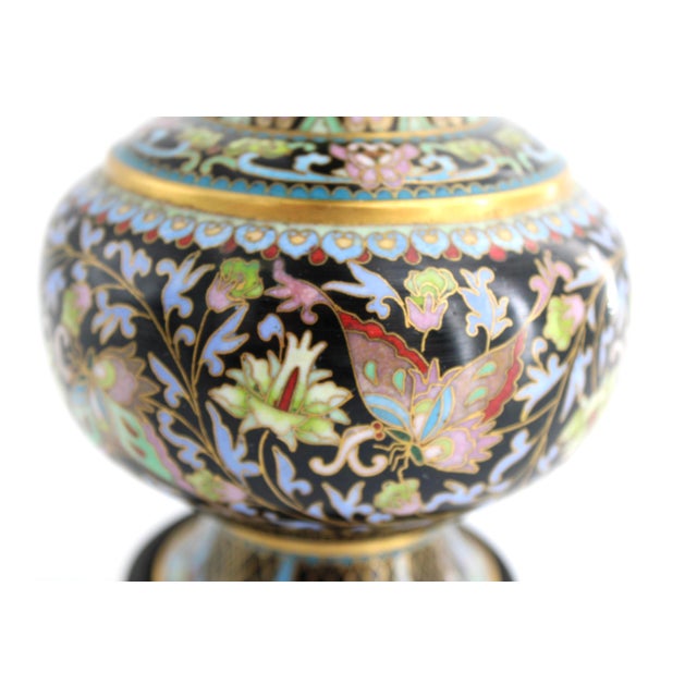 Stunning, authentic vintage Chinese Cloisonné Enamel Vase measuring 9.5 inches tall (8.25” without base). This piece...