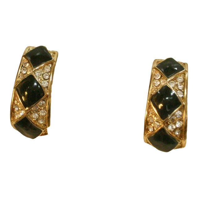 1980s Vintage Black Onyx Clear Crystal Accents Earrings, 2 Pieces For Sale