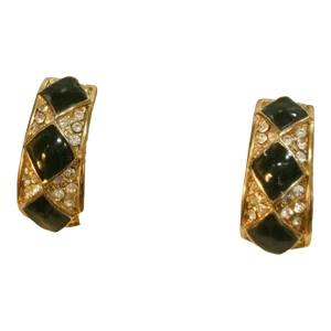 1980s Vintage Black Onyx Clear Crystal Accents Earrings, 2 Pieces