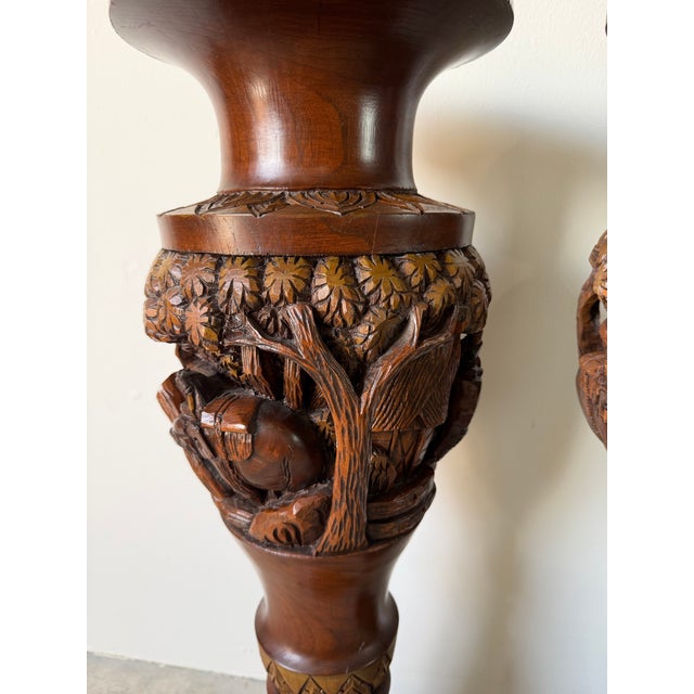 1980s Vintage Handcrafted - Intricate Wildlife Relief Carvings Asian Teak Wood Floor Vases – Pair For Sale - Image 5 of 12