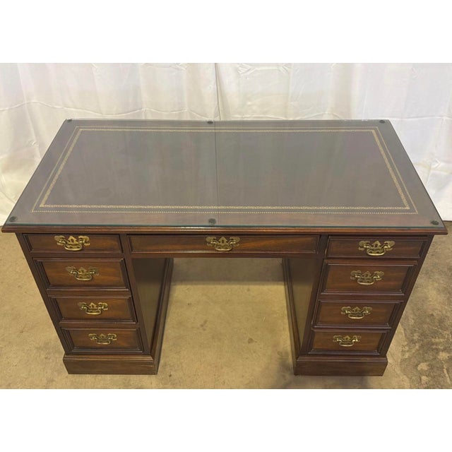 Vintage Sligh Furniture Chippendale Mahogany and Tooled Leather Top Partners Desk With Glass For Sale - Image 11 of 18