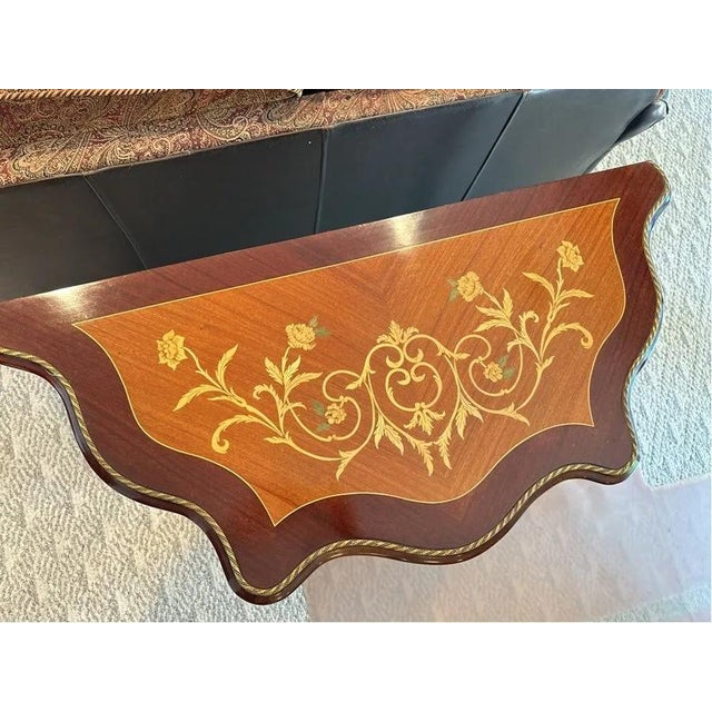 French Louis XV–style Marquetry Console Table With Decorative Gilt-Metal Mounts For Sale - Image 3 of 9