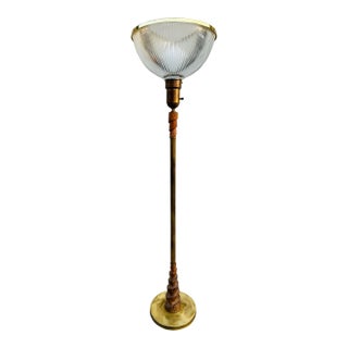 Art Deco Swirl Wood Brass Base Torchiere Floor Lamp For Sale