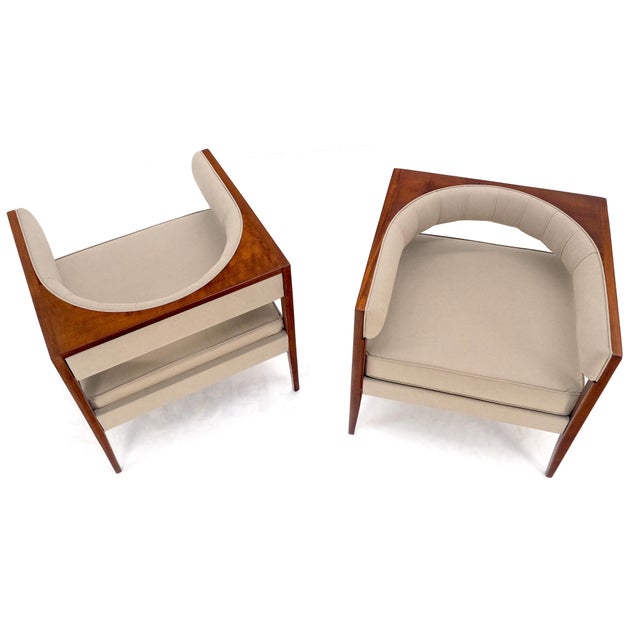 Wood Pair New Alcantera Upholstery Walnut Cube Shape Barrel Back Lounge Chairs MINT! For Sale - Image 7 of 13