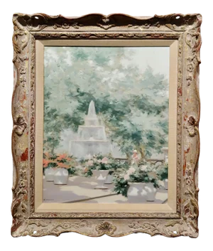 Andre Gisson -Young Woman Near the Fountain at the Park-Oil Painting