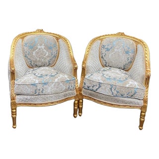 Pair of 1940s French Louis XVI Style Bergère Chairs, Refinished and Re-Upholstered For Sale