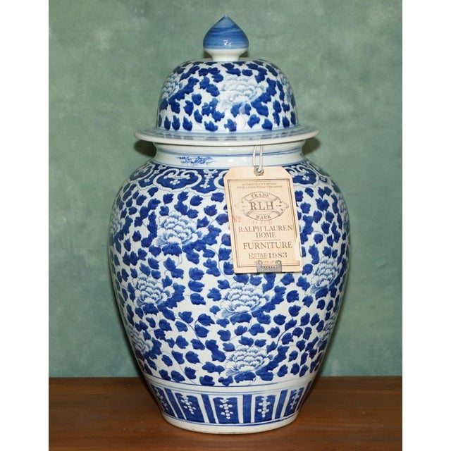 impressive pair of exceptionally large Ralph Lauren Home blue and white porcelain temple jars, standing approximately 61cm...