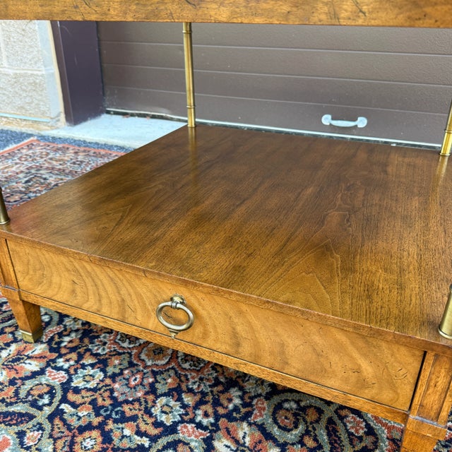 Vintage Baker Milling Road Regency Burl Wood & Brass 2 Tier Side Table With Drawer For Sale - Image 11 of 16