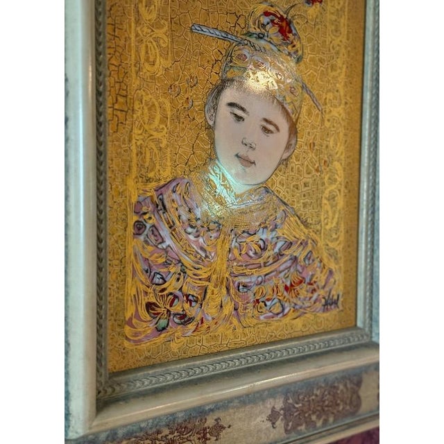 Sculpture Materials Edna Hibel "Young Manchu" Signed Mixed Media Artwork. Paint Embellished Lithograph on Porcelain Plaque. Custom Frame For Sale - Image 7 of 13