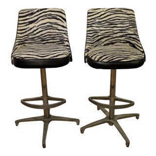 Mid Century Danish Modern Chromcraft Zebra Print Swivel Bar Stools - A Pair For Sale