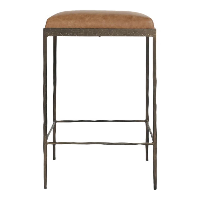 Hammered Iron Chestnut Leather Counter Stool For Sale