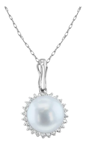 10MM Pearl Diamond Halo Necklace 14k White Gold 16"