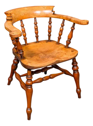 Vintage Smoker’s Bow Chair, English Ash, Captain’s Elbow Seat, Victorian Revival