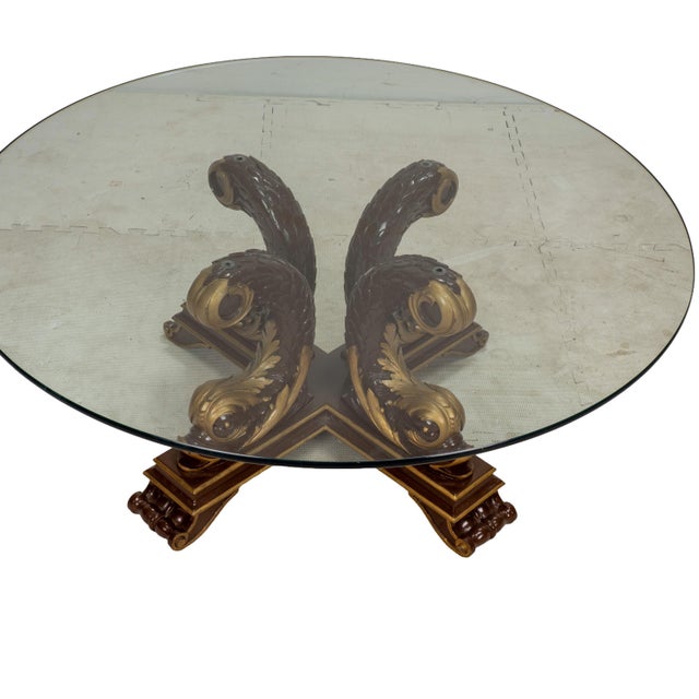 1980s 1980s Italian Neoclassical Style Gilt Scroll Base Round Glass Coffee Table Hollywood Regency For Sale - Image 5 of 14