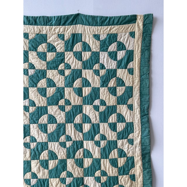 1930s Vintage Teal + Soft Yellow Cotton Drunkard's Path Circle Quilt, Circa 1930s-40s For Sale - Image 5 of 18