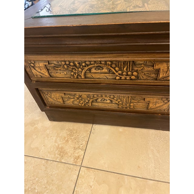 Vintage South East Asian Hand-Carved Five-Drawer Coffee Table With 3 Piece Glass Top Insets For Sale - Image 12 of 12