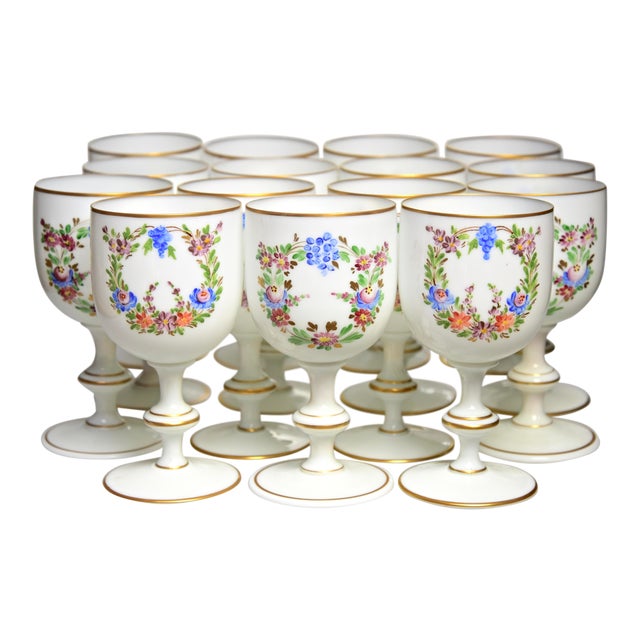 Mid 20th Century French Enameled Hand Blown Glass Goblets - Set of 14 For Sale