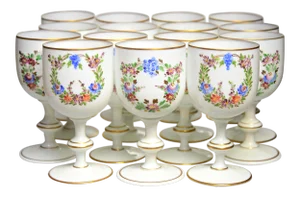 Mid 20th Century French Enameled Hand Blown Glass Goblets - Set of 14
