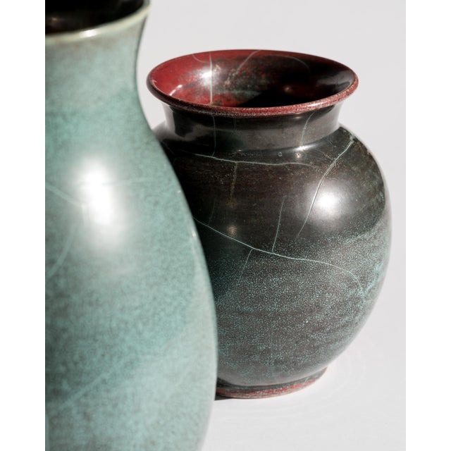 1950s Art Deco Bauhaus Studio Stoneware Vases in Turquoise Reduction Glaze by Richard Uhlemeyer, Germany, 1940s, Set of 2 For Sale - Image 5 of 18