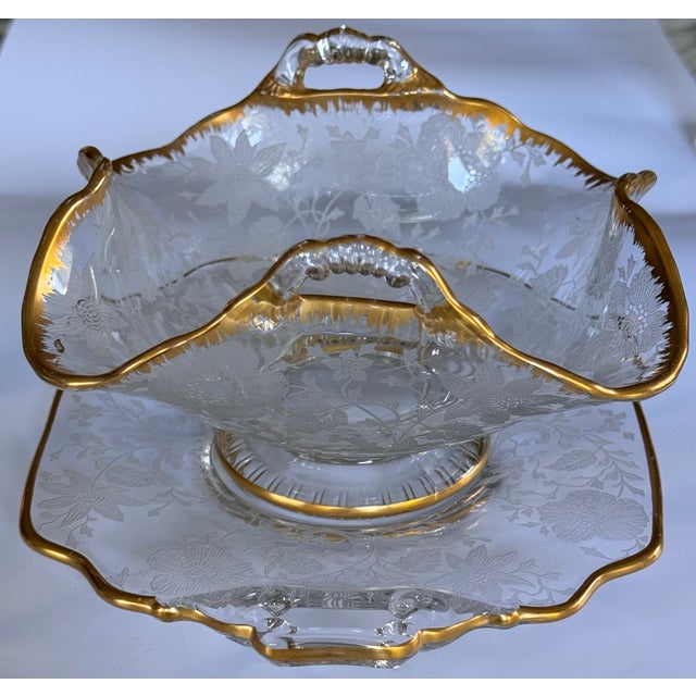 Glass Gold Gilt Cambridge Wildflowers Bon Bon Plate & Basket Depression Glass - Two Pieces For Sale - Image 7 of 12
