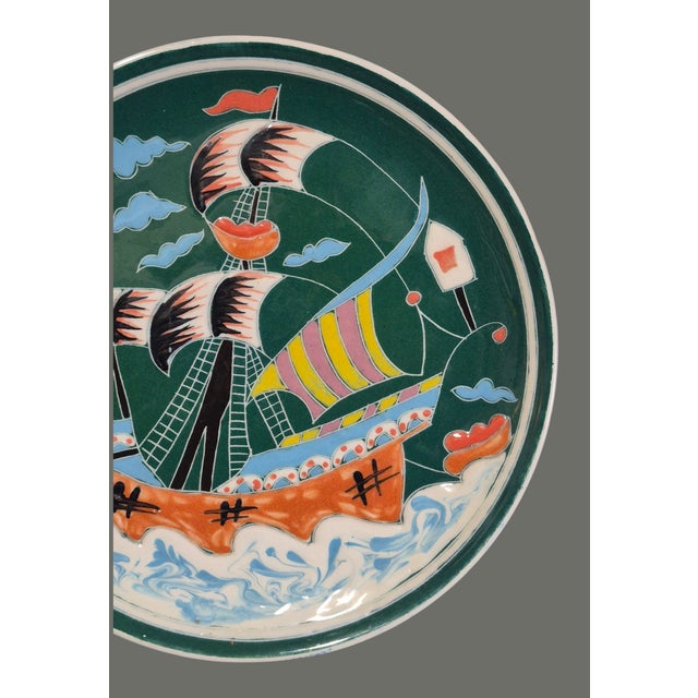 Nautical Vintage Turkish Colorful Majolica Sailing Galleon Ship Wall Plate Marked "Beste" For Sale - Image 3 of 8
