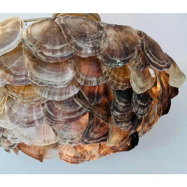 Original retail $1530, stylish Currey & Company Modern Capiz Shell Seahouse Semi-Flush Mount, smokehouse finished wrought...