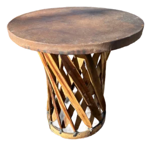 Equipale Mexico Side Table Leather Top Cedar Wood Strip Base 1950s Aztec Handmade Folk Art