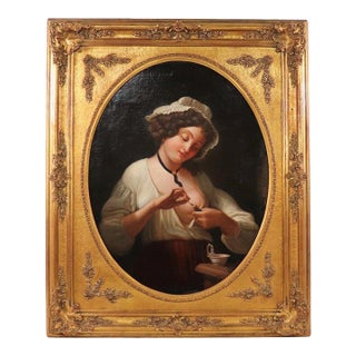 Mid-19th-Century French School Genre Painting, "Feeding the Bird" Evoking the Tradition of Greuze For Sale