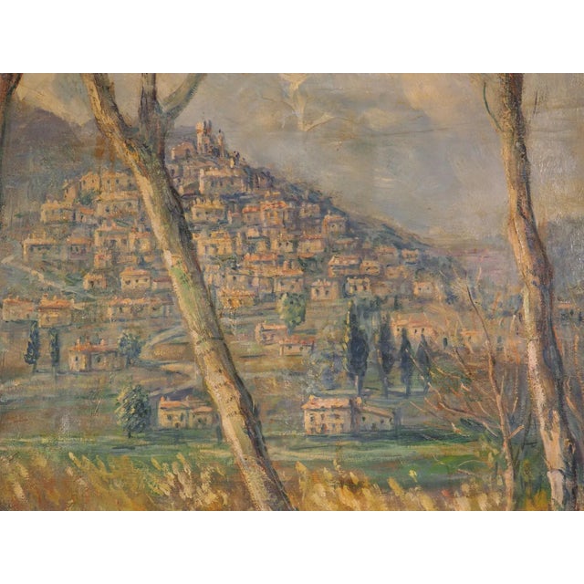 Green Large French Landscape Painting of a Hunter and Hillside Village, Signed and Dated 1962 For Sale - Image 8 of 12
