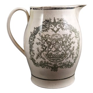 Olive-Green Transferware Masonic Creamware Jug from Staffordshire, 1800s For Sale