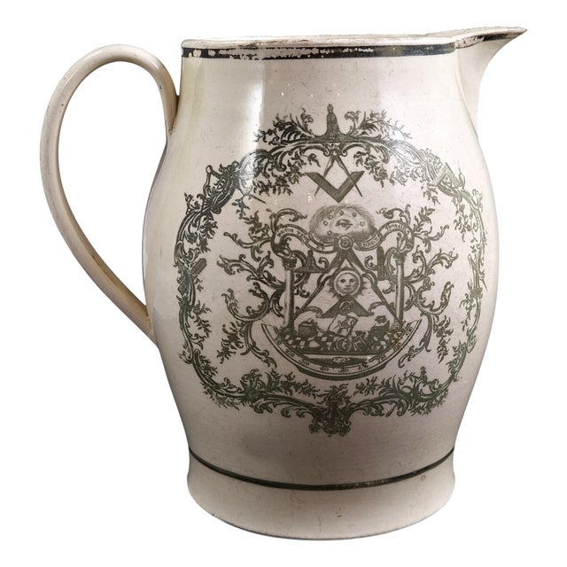 Olive-Green Transferware Masonic Creamware Jug from Staffordshire, 1800s For Sale