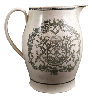 Olive-Green Transferware Masonic Creamware Jug from Staffordshire, 1800s